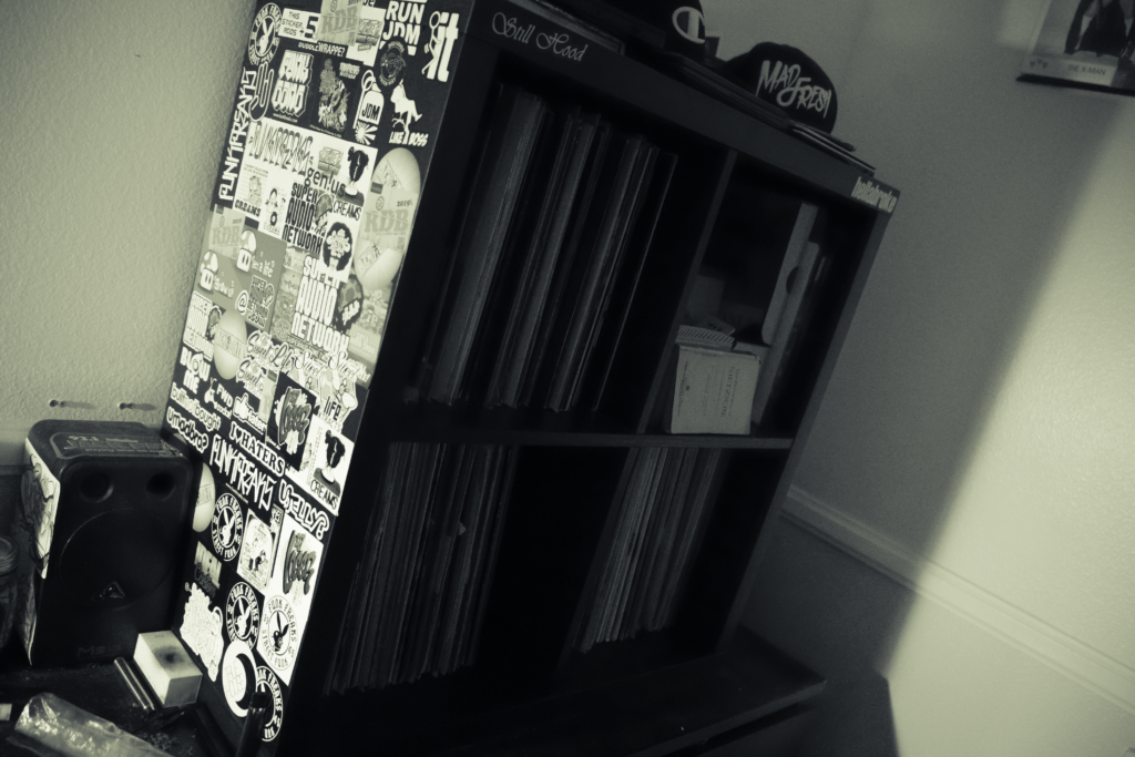 Photo of Chris's record collection and some weed